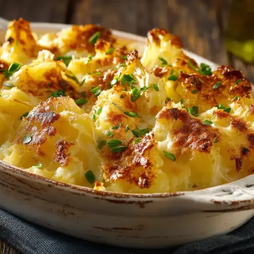 Gebackener Weißkohl mit cremiger Parmesansoße in einer rustikalen Auflaufform, goldbraun und aromatisch