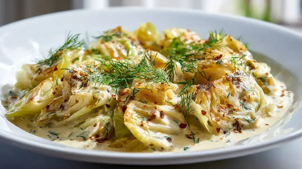 Gebratener Spitzkohl auf einem Teller mit cremiger Walnusscreme und frischem Dill garniert