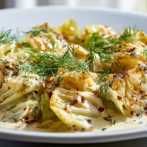 Gebratener Spitzkohl auf einem Teller mit cremiger Walnusscreme und frischem Dill garniert
