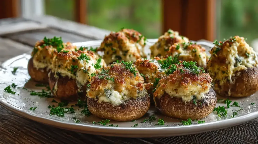Gefüllte Champignons mit Frischkäse und Parmesan, goldbraun gebacken