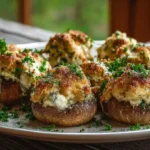 Gefüllte Champignons mit Frischkäse und Parmesan, goldbraun gebacken
