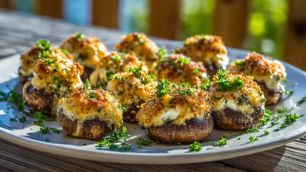 Cremig gefüllte Champignons mit Parmesan und frischer Petersilie auf rustikalem Teller