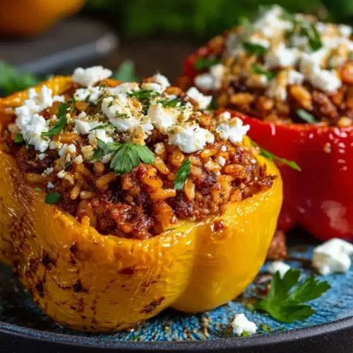 Saftige gefüllte Paprika aus dem Airfryer mit Hackfleisch, Reis und Feta