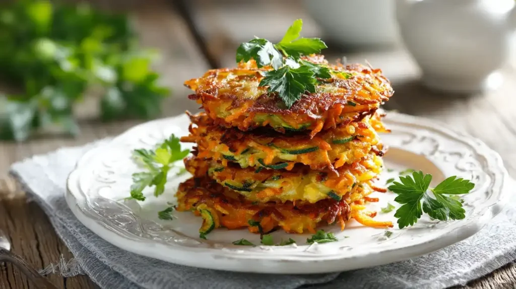 Vegetarische Gemüse-Rösti goldbraun gebraten mit frischen Kräutern als Beilage