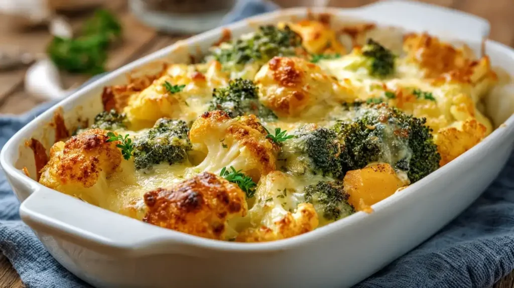 Cremiger Gemüseauflauf mit Brokkoli, Blumenkohl und Süßkartoffeln in goldbrauner Käsekruste