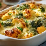 Cremiger Gemüseauflauf mit Brokkoli, Blumenkohl und Süßkartoffeln in goldbrauner Käsekruste