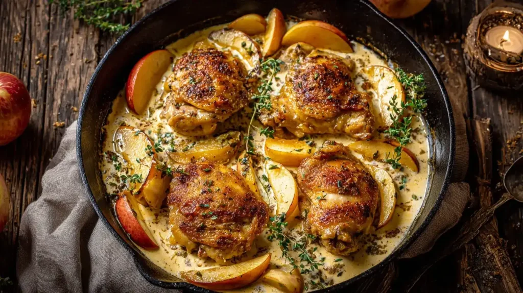 Geschmorte Hähnchenkeulen mit Apfel in cremiger Sauce