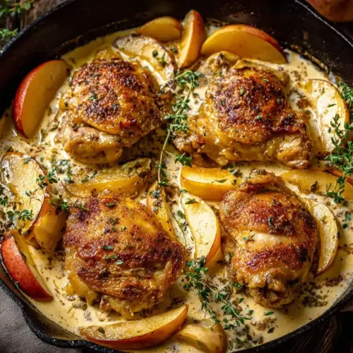 Geschmorte Hähnchenkeulen mit Apfel in cremiger Sauce