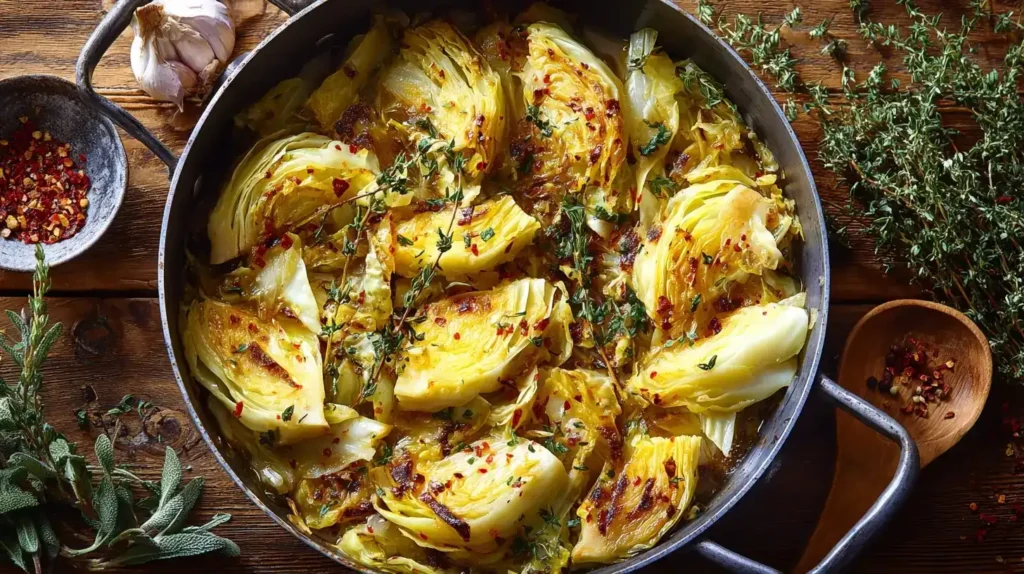 Geschmorter Spitzkohl in Pfanne mit Butter, Thymian und Zitrone