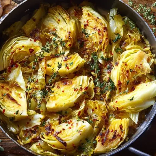 Geschmorter Spitzkohl in Pfanne mit Butter, Thymian und Zitrone