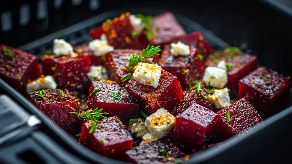 Knusprige Rote Bete Würfel aus der Heißluftfritteuse auf Teller mit Feta