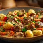 Servierter Gnocchi-Hackfleisch-Eintopf mit Gemüse und cremiger Sauce