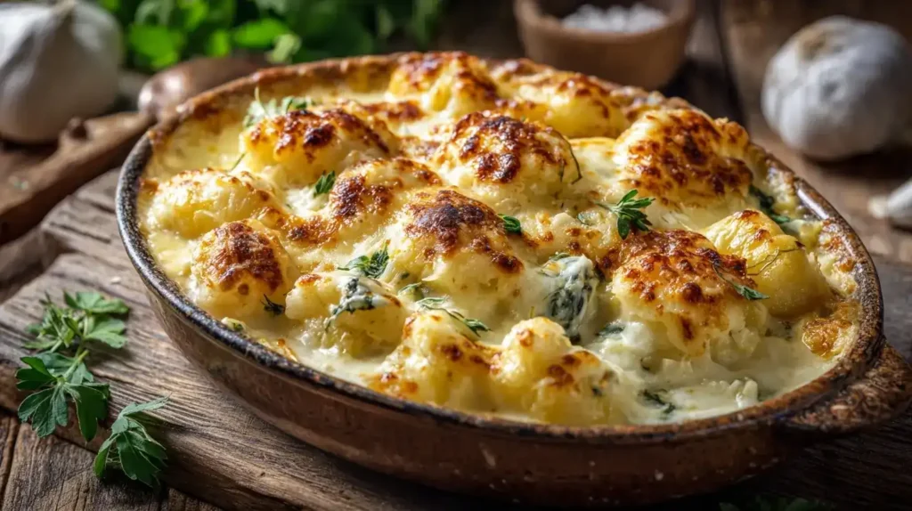 Gnocchi-Spitzkohl-Auflauf frisch aus dem Ofen mit Käsekruste