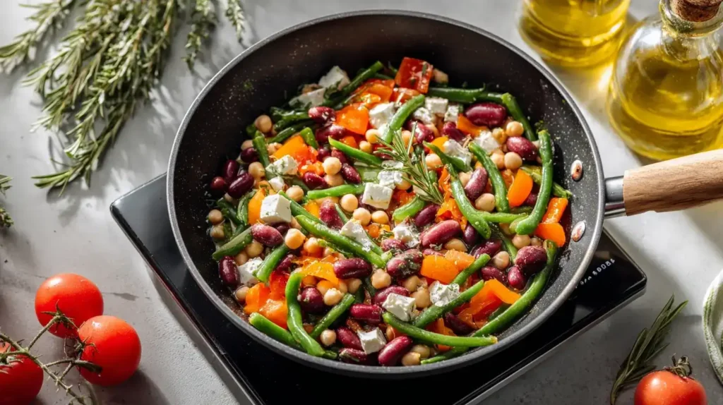 Griechische Bauernpfanne mit Gemüse, Oliven und Feta in Pfanne serviert