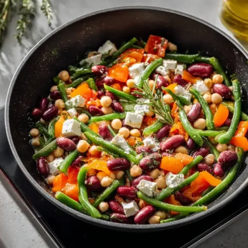 Griechische Bauernpfanne mit Gemüse, Oliven und Feta in Pfanne serviert