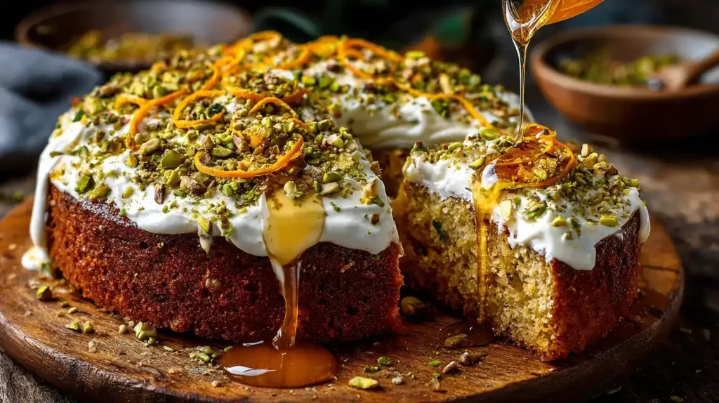 Ein Stück Griechischer Honigkuchen auf Teller mit Nüssen und Orangenschale