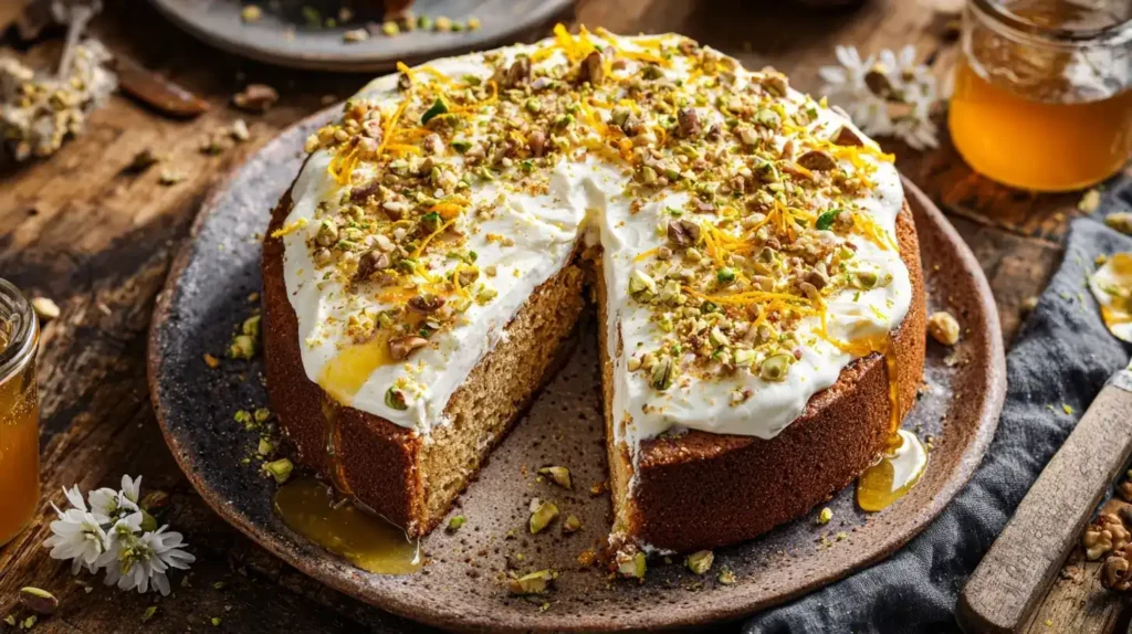 Griechischer Honigkuchen mit Honigsirup und Nüssen von oben