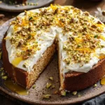 Griechischer Honigkuchen mit Honigsirup und Nüssen von oben