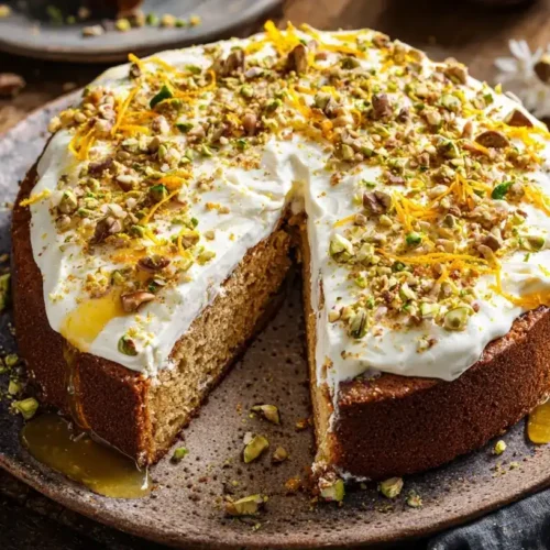 Griechischer Honigkuchen mit Honigsirup und Nüssen von oben