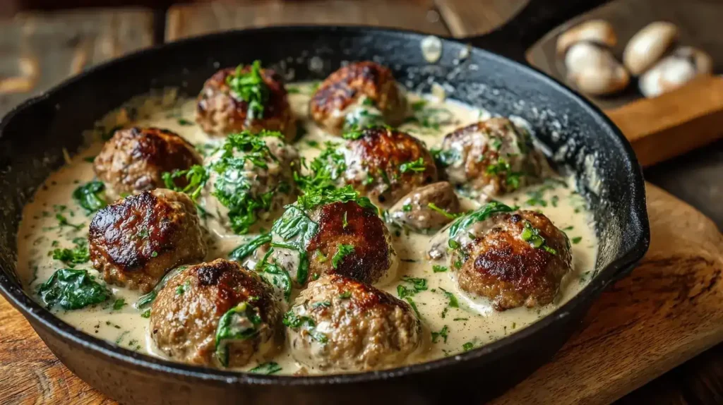 Hackbällchen in Champignonsoße in Pfanne, frisch gebraten und cremig