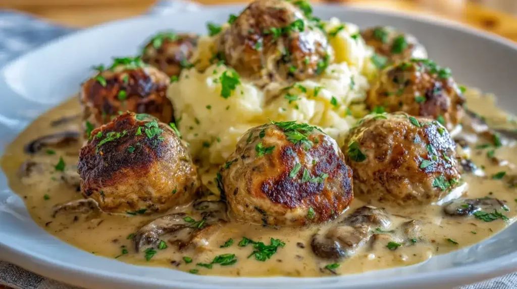 Hackbällchen in Champignonsoße serviert mit cremigem Kartoffelpüree und frischer Petersilie