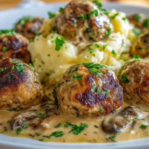 Hackbällchen in Champignonsoße serviert mit cremigem Kartoffelpüree und frischer Petersilie
