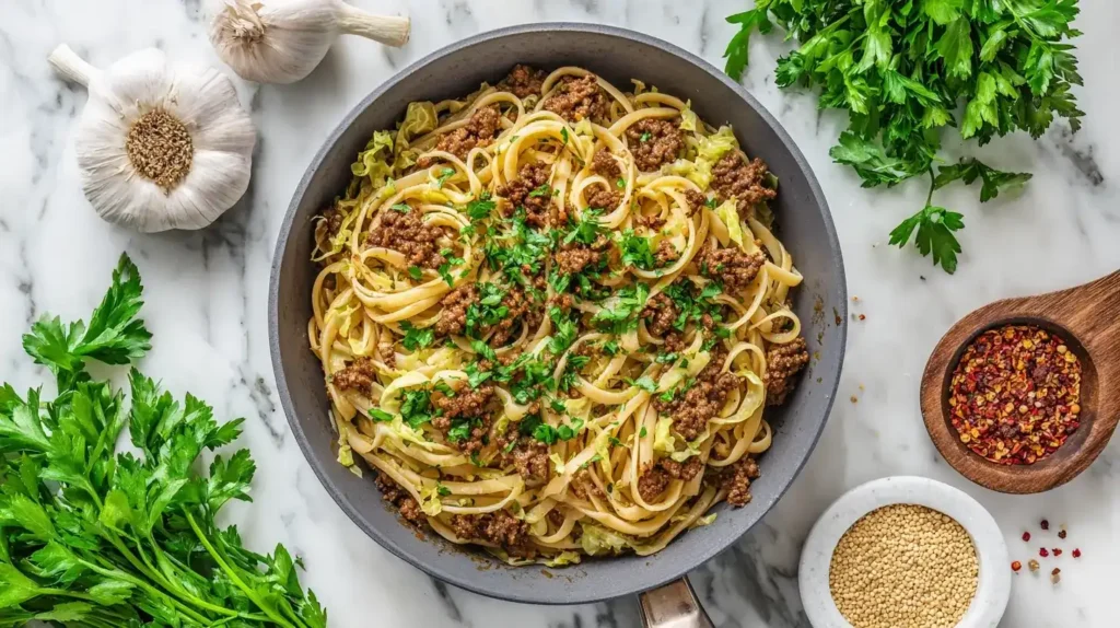 Hackfleisch-Kohl-Pfanne mit Nudeln beim Kochen, Zwiebeln und Kohl in Pfanne mit Sojasoße