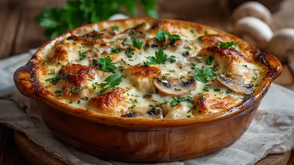 Hähnchen-Champignon-Gratin frisch aus dem Ofen, goldbraun überbacken