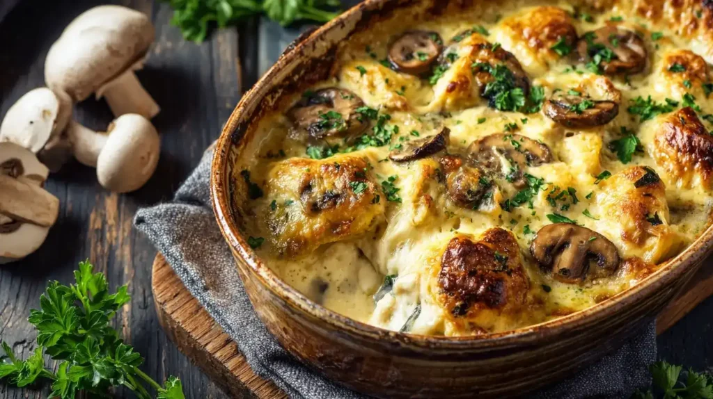 Cremiges Hähnchen-Champignon-Gratin mit Petersilie serviert