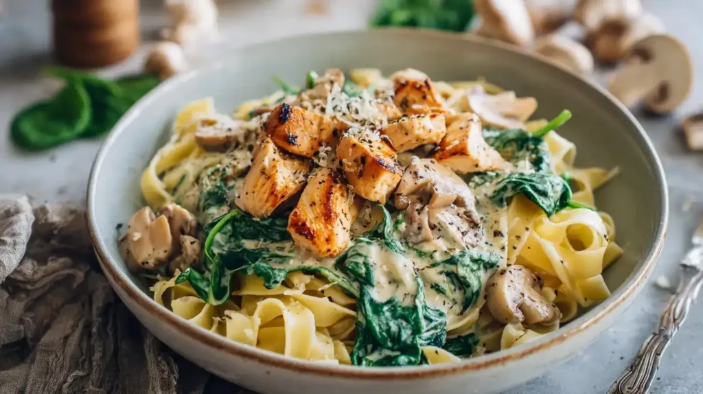 Cremiges Rezept für Hähnchen-Spinat-Tagliatelle mit frischem Spinat und Champignons
