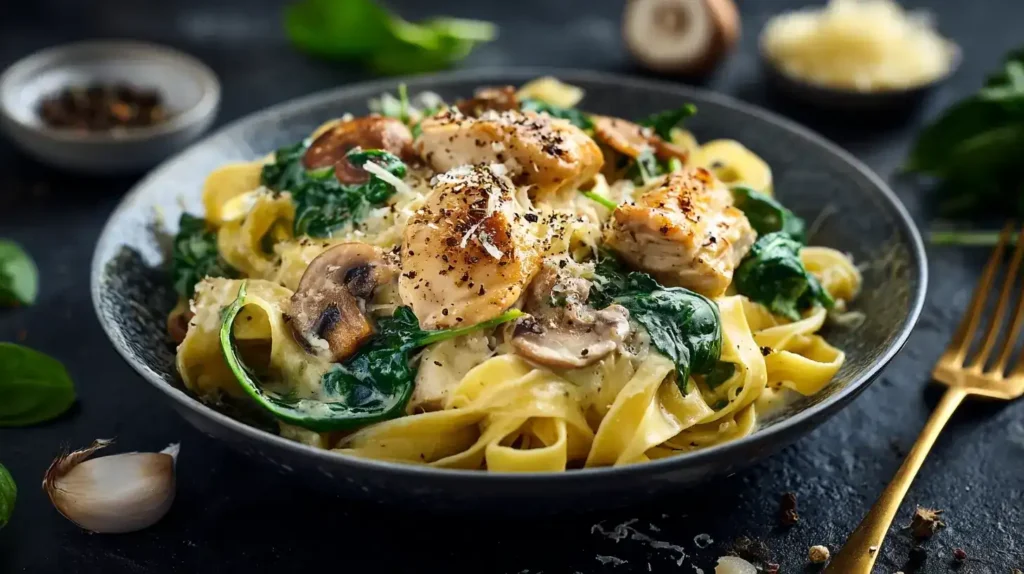 Cremige Hähnchen-Spinat-Tagliatelle mit Champignons serviert in einer Schale