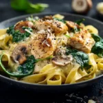 Cremige Hähnchen-Spinat-Tagliatelle mit Champignons serviert in einer Schale