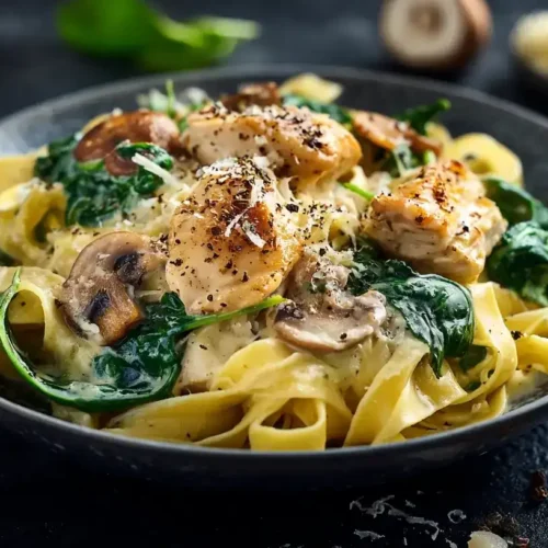 Cremige Hähnchen-Spinat-Tagliatelle mit Champignons serviert in einer Schale