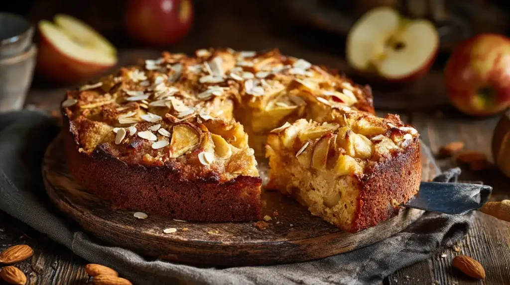 Frisch gebackener Haferflocken-Apfelkuchen mit Äpfeln und Haferflocken