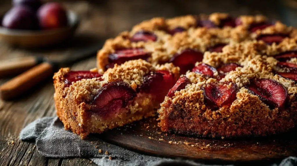 Haferflocken-Pflaumenkuchen frisch aus dem Ofen auf Blech