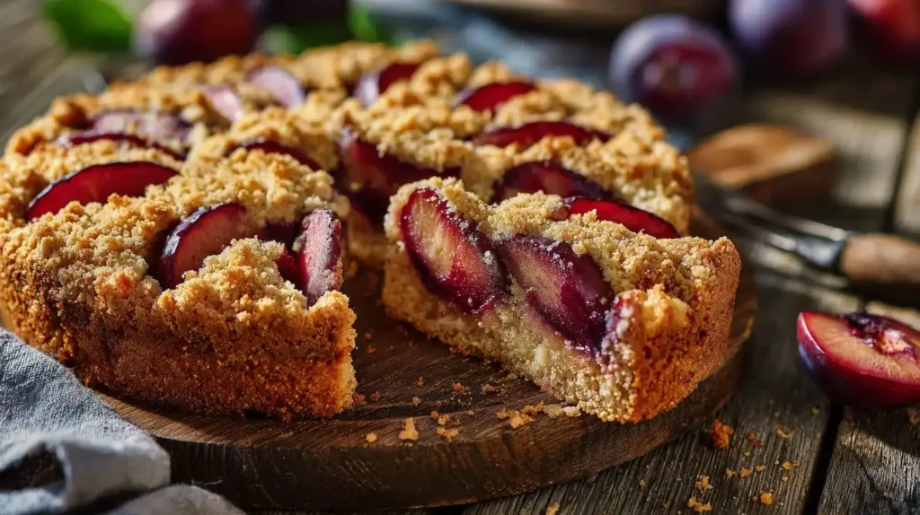 Knusprige Haferflocken-Streusel auf saftigem Pflaumenkuchen