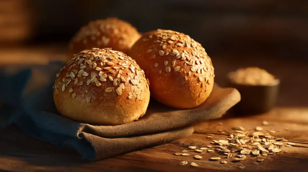 Servierte Haferflocken-Quark-Brötchen mit Frühstücksbeilage, gesund und proteinreich