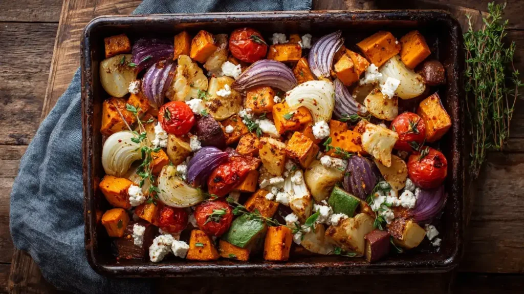Herbstliches Ofengemüse mit Kürbis, Kartoffeln, Süßkartoffeln und Feta auf einem Backblech
