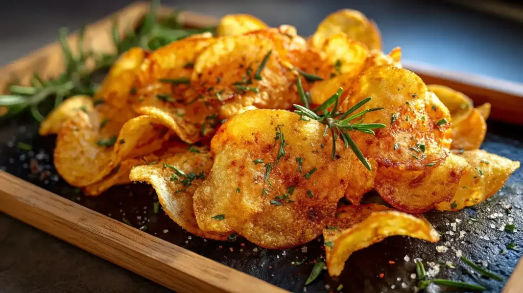Knusprige Hüttenkäse-Chips frisch aus dem Ofen auf einem Backblech, goldbraun und mit Kräutern bestreut