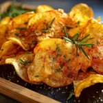 Knusprige Hüttenkäse-Chips frisch aus dem Ofen auf einem Backblech, goldbraun und mit Kräutern bestreut