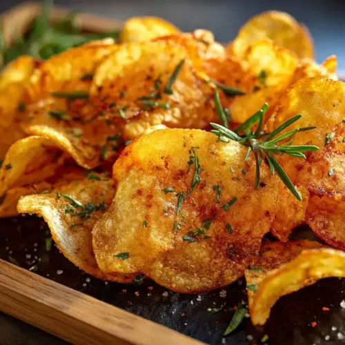 Knusprige Hüttenkäse-Chips frisch aus dem Ofen auf einem Backblech, goldbraun und mit Kräutern bestreut