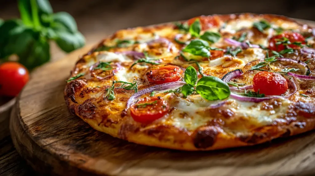 Frisch gebackene Hüttenkäse-Pizza mit Tomaten, Zwiebeln und Basilikum