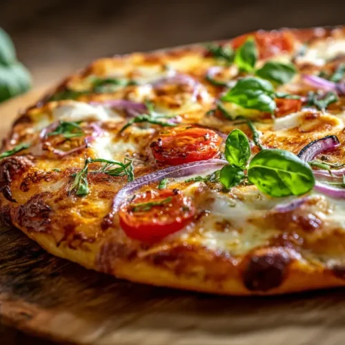 Frisch gebackene Hüttenkäse-Pizza mit Tomaten, Zwiebeln und Basilikum