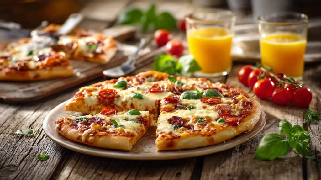 Servierfertige Hüttenkäse-Pizza in Stücke geschnitten, perfekt als Snack oder Familienessen