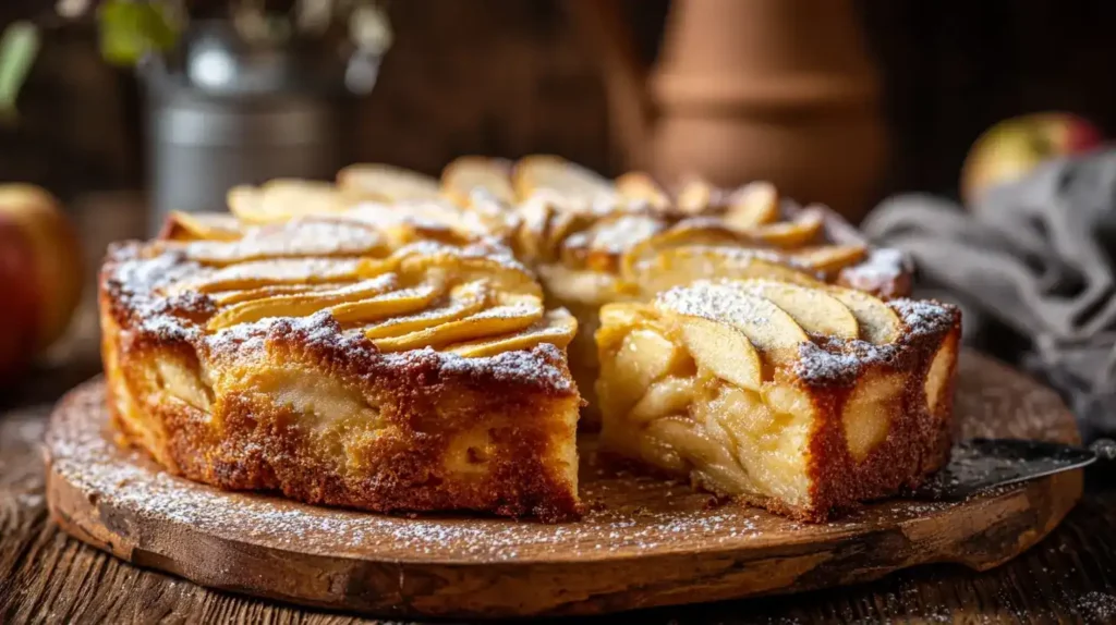 Italienischer Apfelkuchen Torta di Mele frisch gebacken auf Holztisch