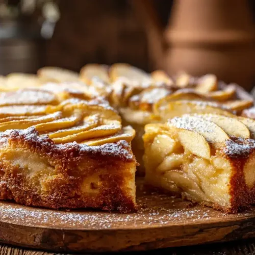 Italienischer Apfelkuchen Torta di Mele frisch gebacken auf Holztisch