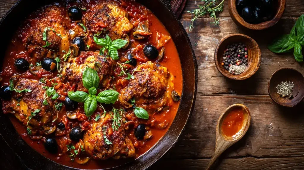 Italienisches Chicken Cacciatore mit Oliven und frischem Basilikum serviert