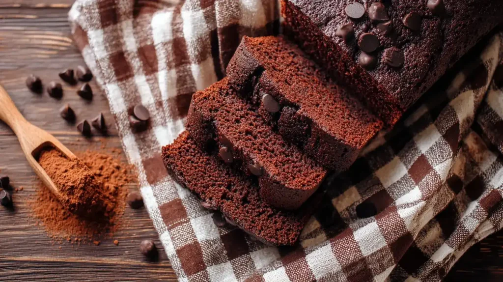 Saftiger Kakaokuchen frisch gebacken auf Holzbrett, bestäubt mit Puderzucker