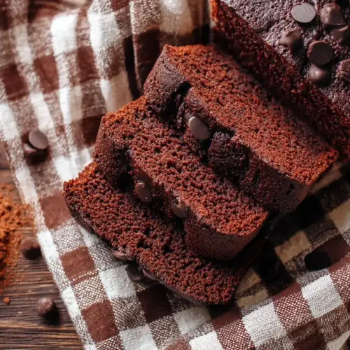 Saftiger Kakaokuchen frisch gebacken auf Holzbrett, bestäubt mit Puderzucker