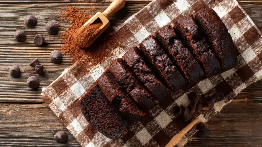 Angeschnittener Kakaokuchen in Scheiben serviert mit Kaffee und Teller